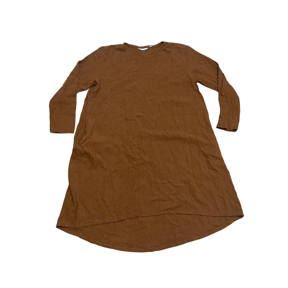 Only Child Women's XL Brown Linen Long Sleeve Lagenlook Tunic Dress Pockets